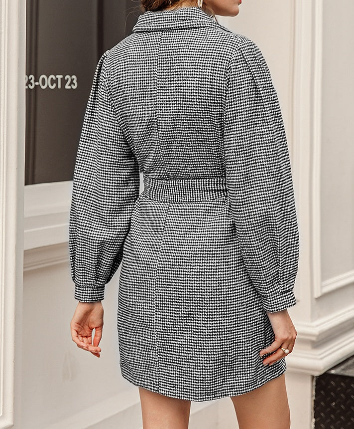 Check puff sleeve dress